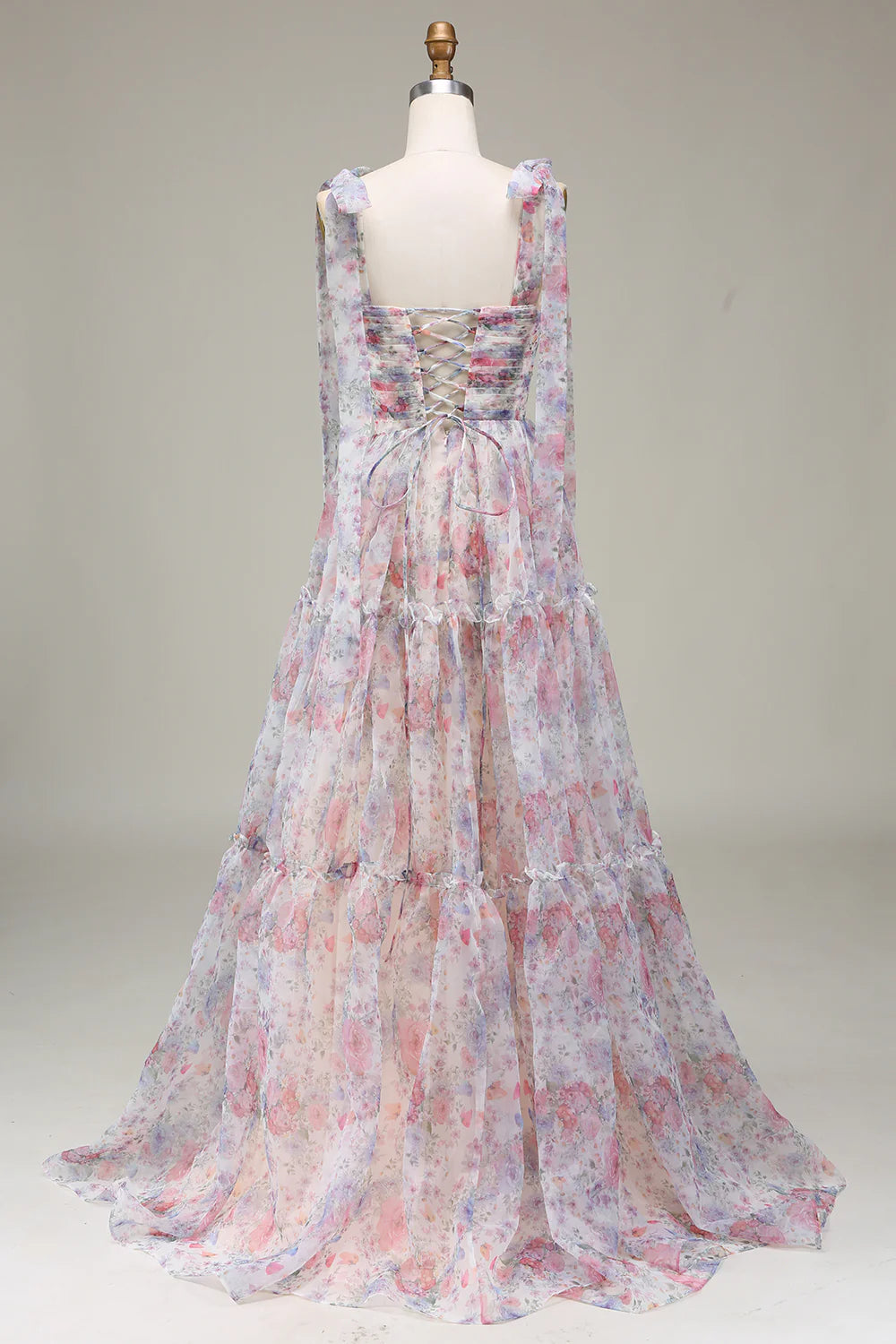 DingJiDress A-Line Spaghetti Straps Lilac Flower Printed Prom Dress