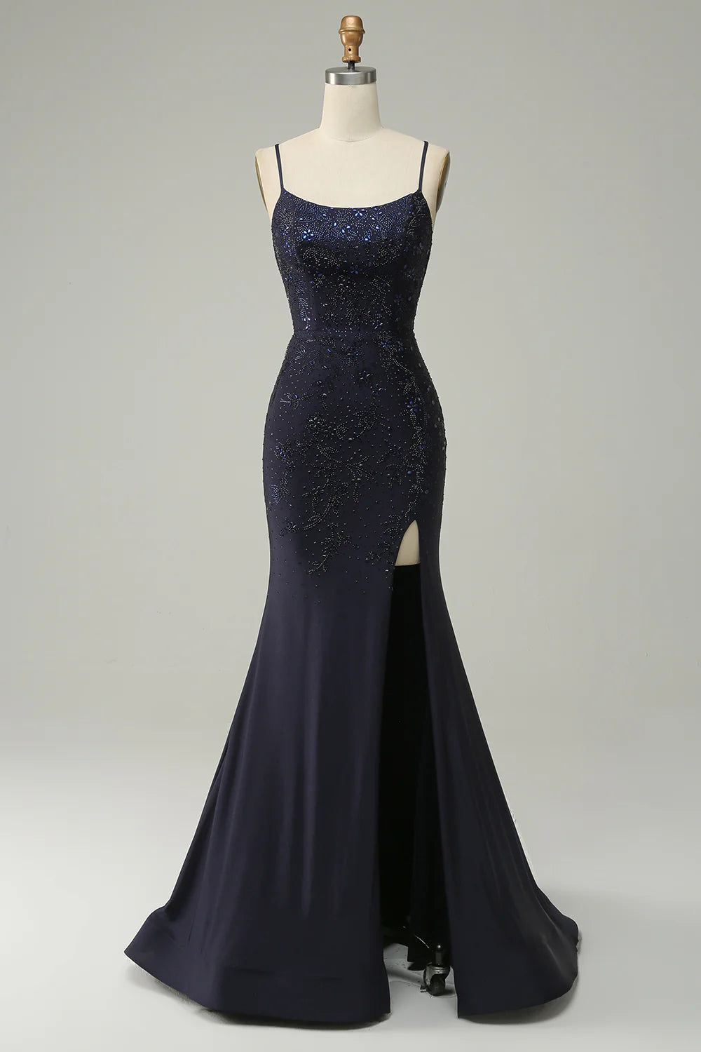DingJiDress Navy Spaghetti Straps Beaded Mermaid Prom Dress with Split