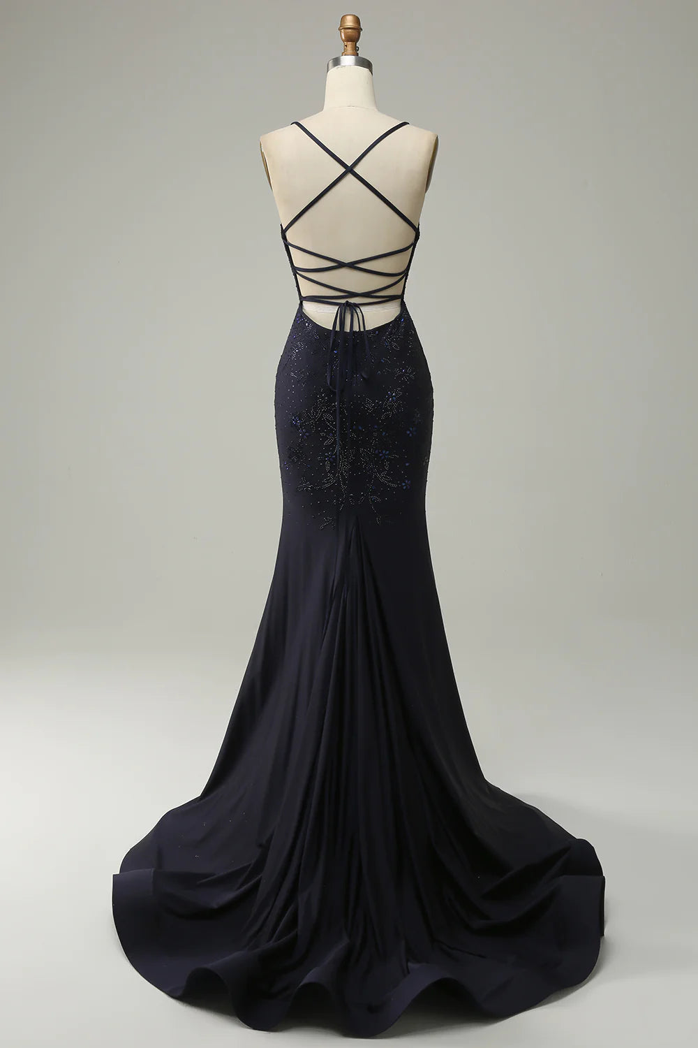 DingJiDress Navy Spaghetti Straps Beaded Mermaid Prom Dress with Split