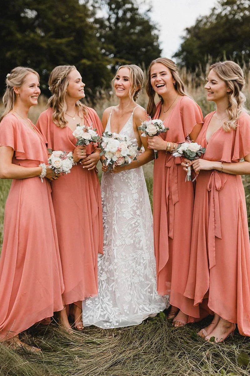 Simple Coral Chiffon A-Line V Neck Flutter Sleeves Lace up Low Cost Classic Floor Length Bridesmaid Dresses