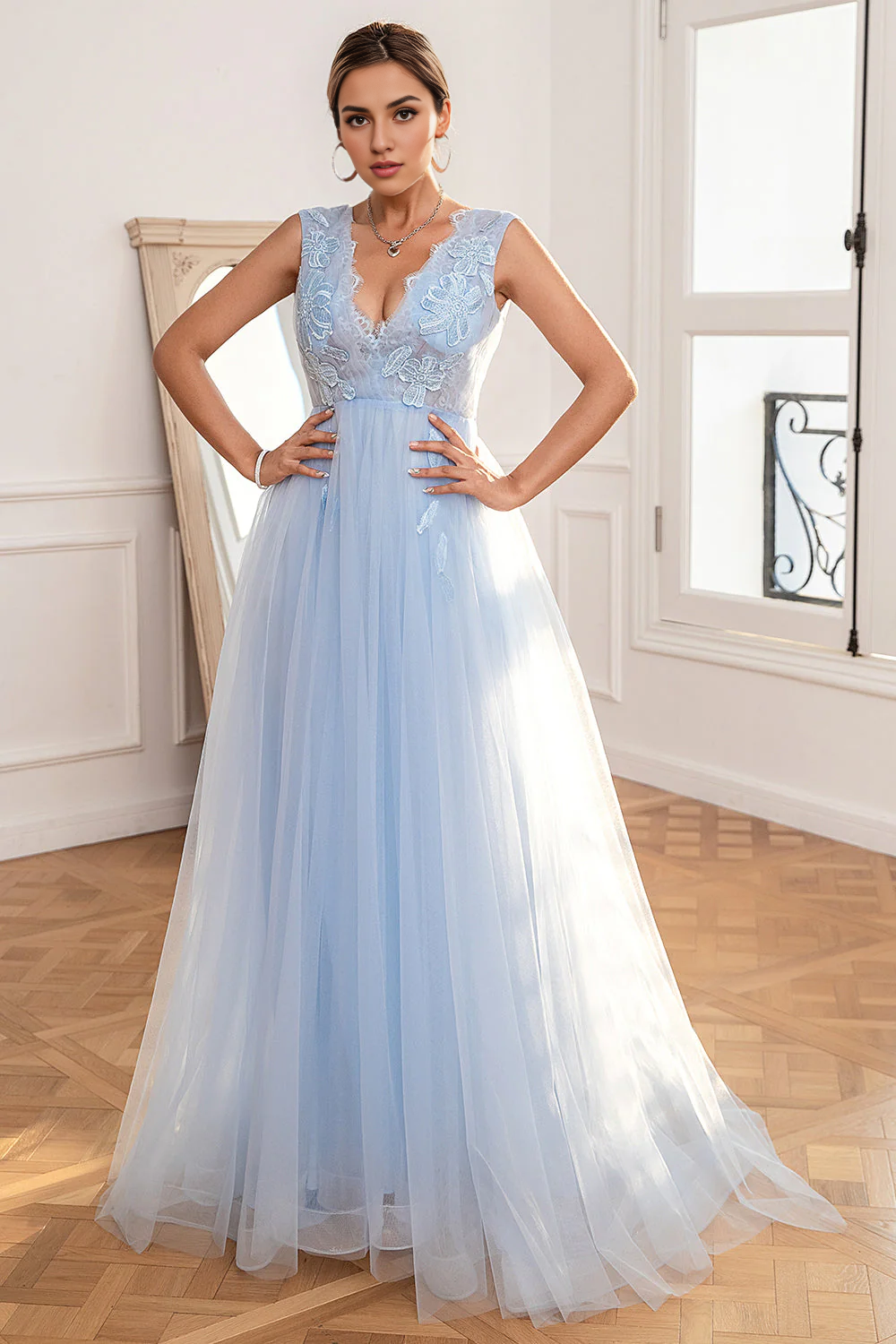 DingJiDress High Quality Dress Evening Dress A Line Deep V Neck Sleeveless Backless Appliques Fantastic Long Prom Dress