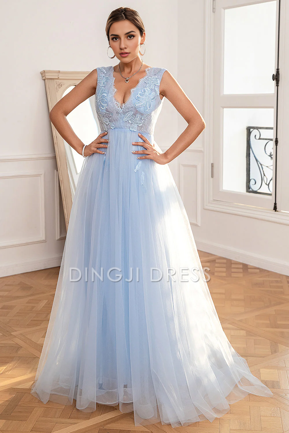 DingJiDress High Quality Dress Evening Dress A Line Deep V Neck Sleeveless Backless Appliques Fantastic Long Prom Dress