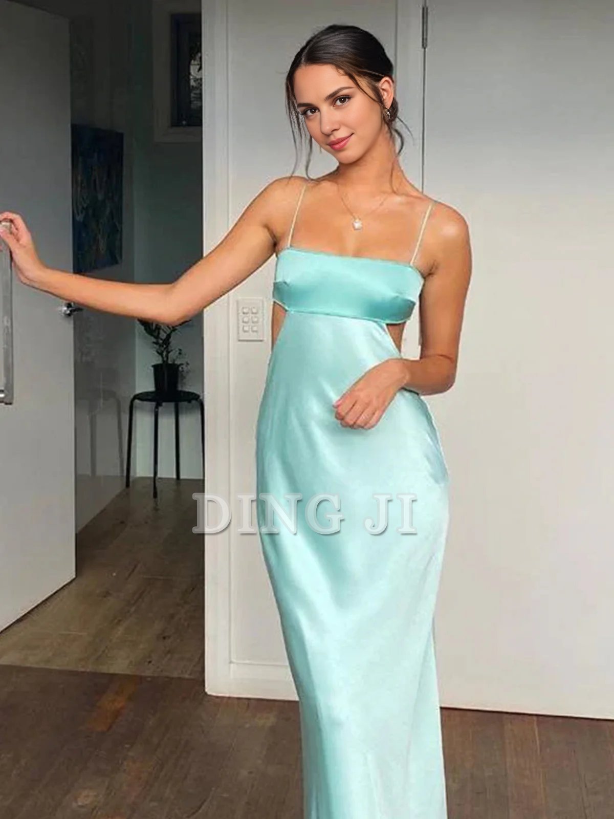 DingJiDress Evening Dress Spaghetti Straps Sheath Prom Dress Satin Party Dress Backless Simple Formal Women's Dresses Wedding Guest Dresses