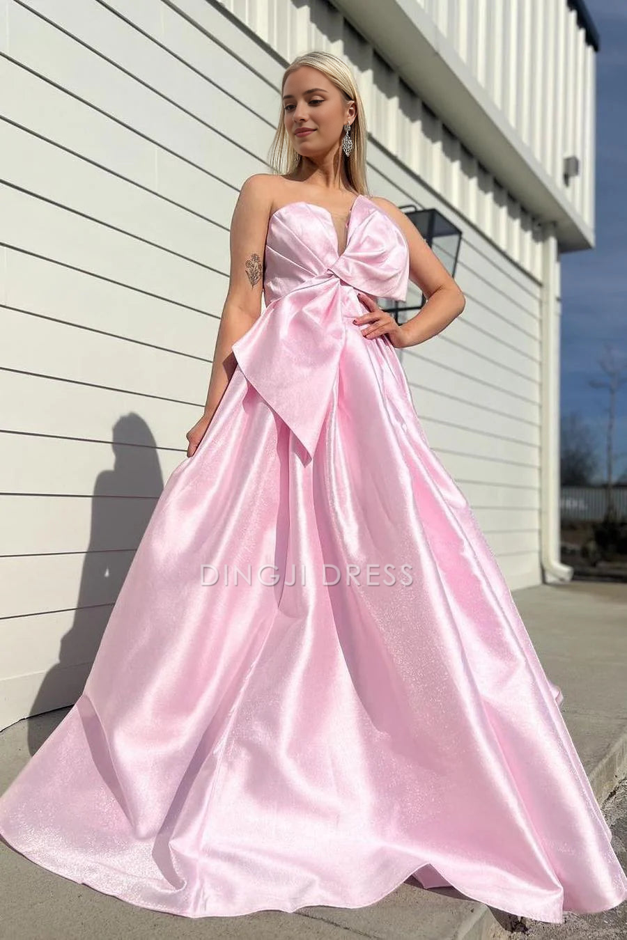 DingJiDress Formal Dress Exquisite A-Line Strapless Satin Party With Train Fashion Prom Dress