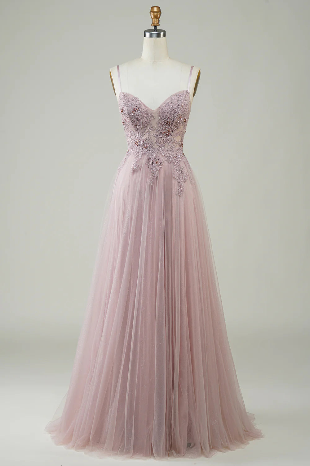 DingJiDress Sparkly Blush A-Line Tulle Long Prom Dress with Lace