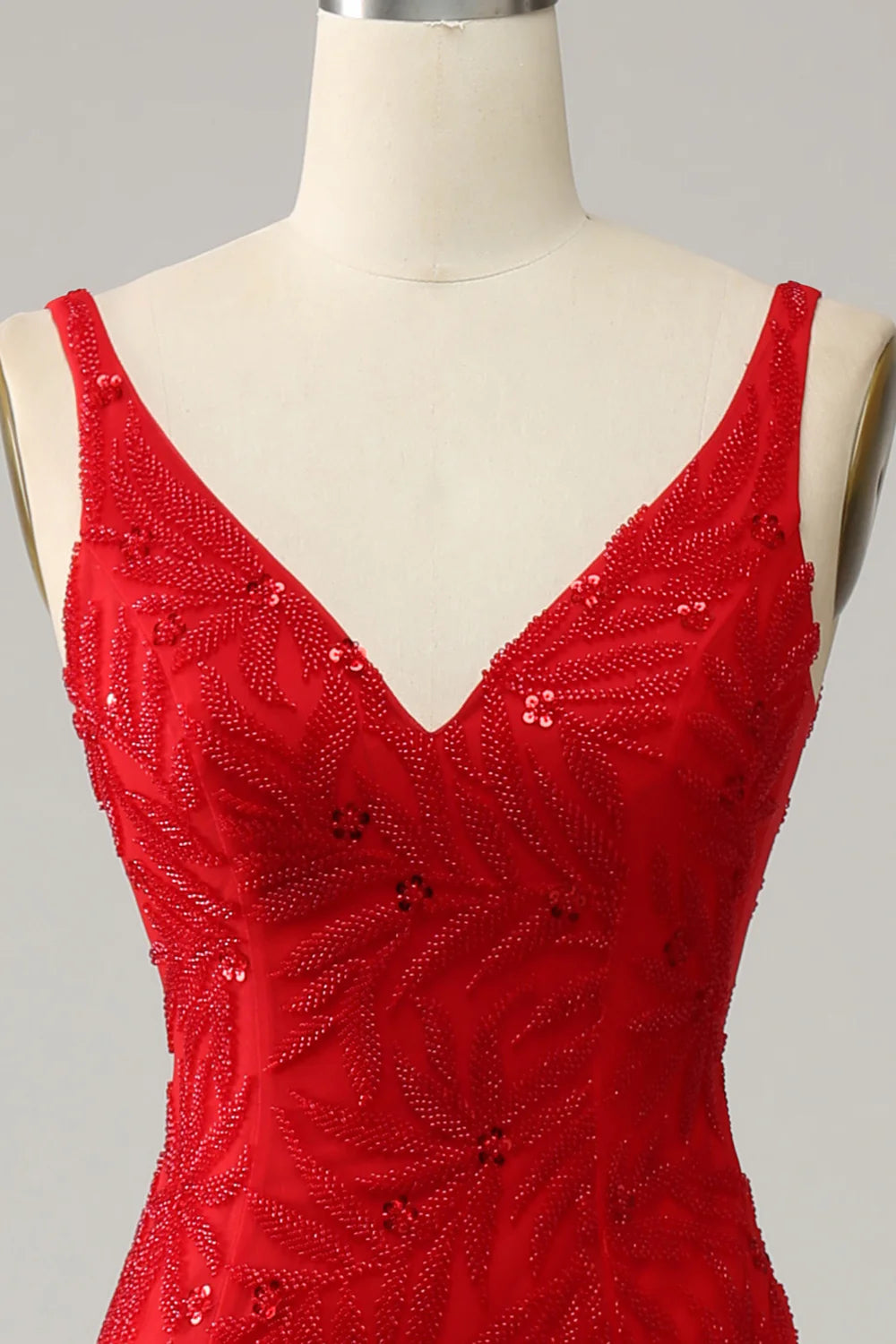 DingJiDress Mermaid V Neck Red Long Prom Dress with Embroidery