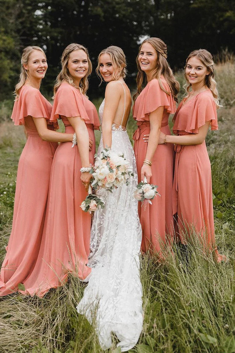 Simple Coral Chiffon A-Line V Neck Flutter Sleeves Lace up Low Cost Classic Floor Length Bridesmaid Dresses