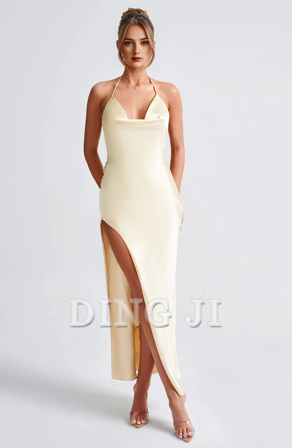 DingJiDress Prom Dresses Cowl Neckline Backless Side Fork Sexy Charming Dresses Wedding Guests Dresses
