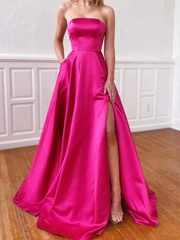 A-Line/Princess Satin Ruffles Strapless Sleeveless Sweep/Brush Train Dresses