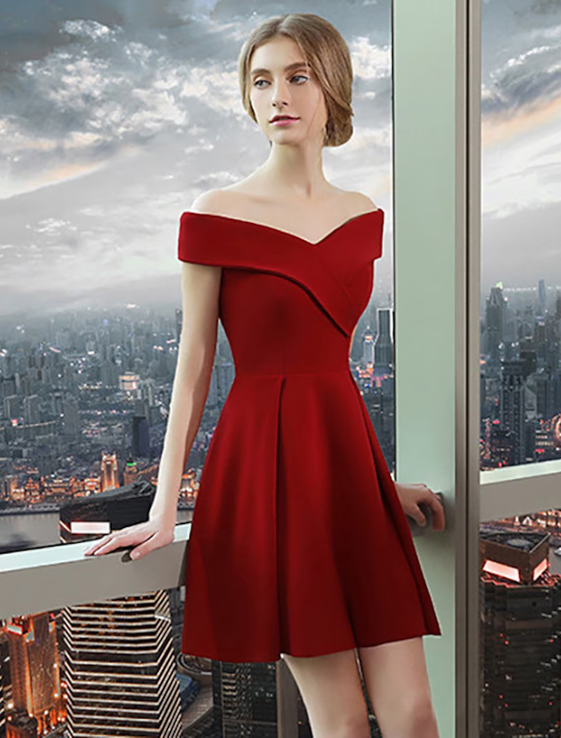 A-Line Elegant Vintage Party Wear Cocktail Party Dress Off Shoulder Short Sleeve Knee Length Spandex with Sleek