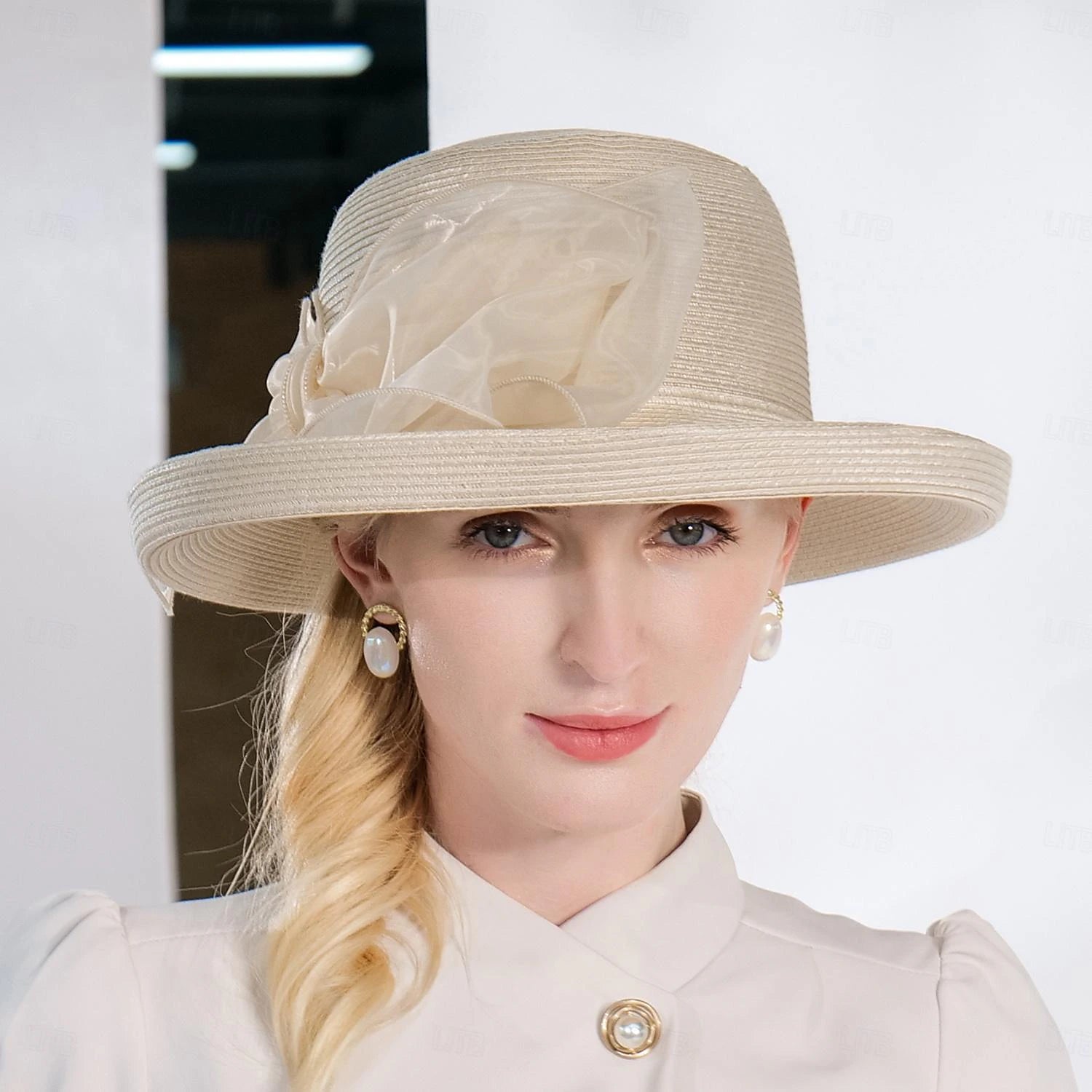 DingJiDress Hats Fiber Bucket Hat Straw Hat Wedding Tea Party Elegant Wedding With Bowknot Pure Color Headpiece Headwear