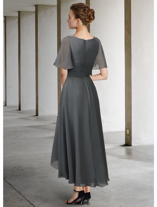 A-Line Mother of the Bride Dress Elegant High Low V Neck Asymmetrical Chiffon Short Sleeve with Pleats Ruching