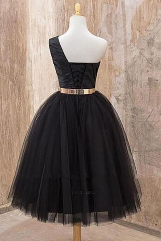 DingJiDress Short Prom Dress A Line One Shoulder Tulle Tea Length Belt Short Elegant Homecoming Dress
