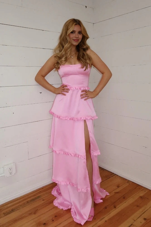 DingJiDress Formal Dress A-Line Spaghetti Strap Sleeveless Tiered Ruffled Side Fork Long Party Fashion Prom Dress
