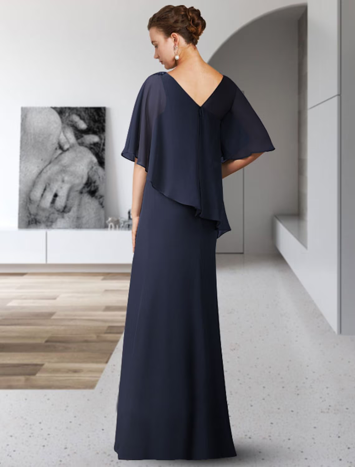 Mother of the Bride Dress Elegant V Neck Floor Length Chiffon Half Sleeve with Ruffles