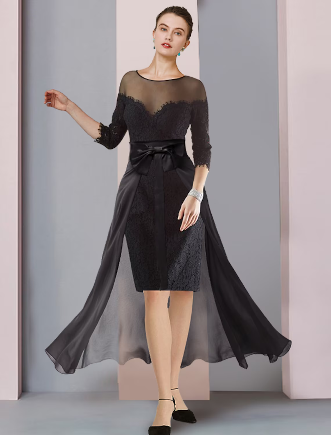 Two Piece Mother of the Bride Dress Formal Wedding Guest Elegant detachable Knee Length Chiffon Lace Sleeve with Bow(s) Appliques