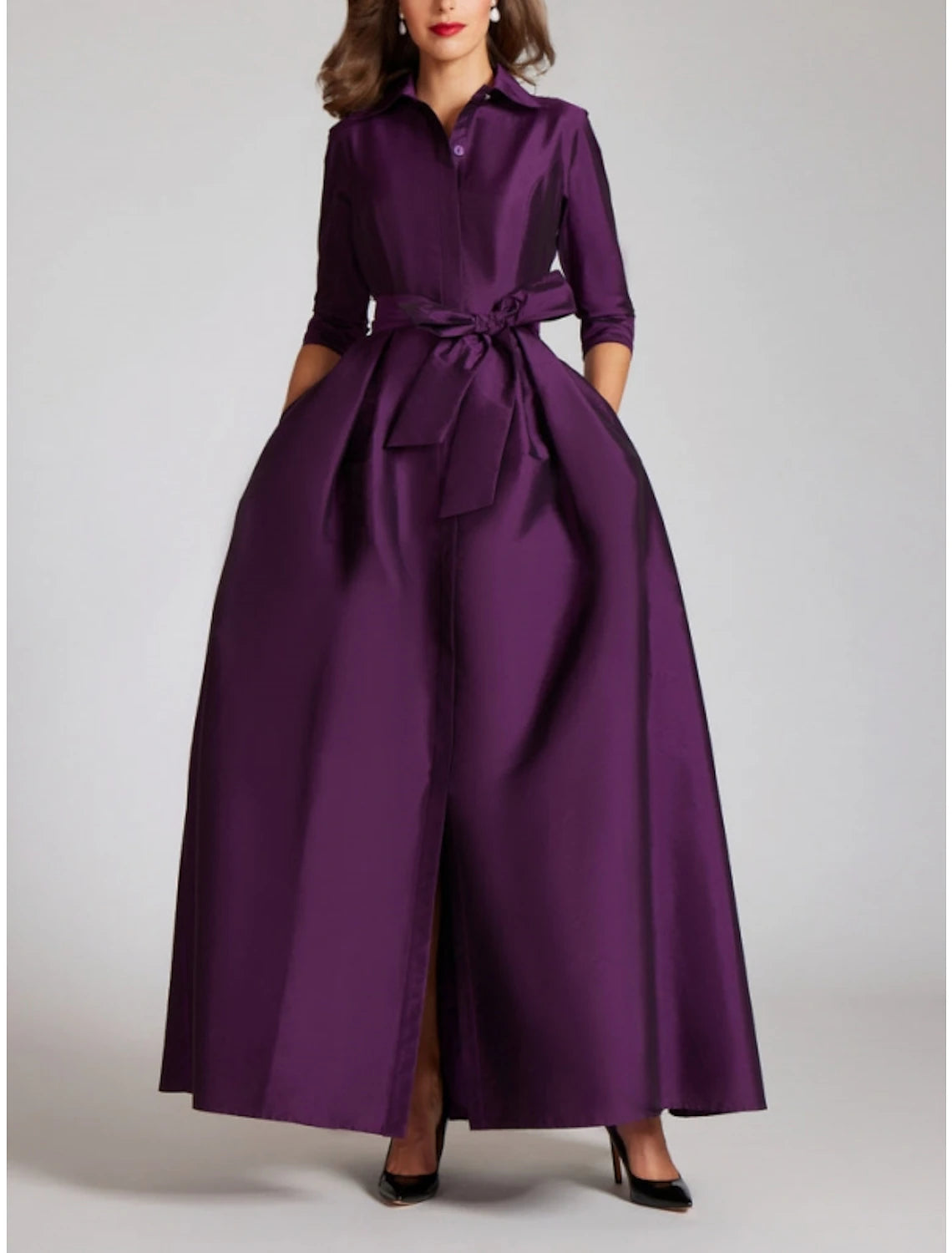 Satin A-Line Evening Gown Minimalist Black Christmas Dress Formal Fall Floor Length Half Sleeve Shirt Collar with Bow(s) Pleats