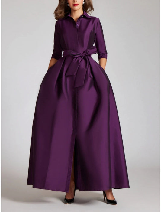 Satin A-Line Evening Gown Minimalist Black Christmas Dress Formal Fall Floor Length Half Sleeve Shirt Collar with Bow(s) Pleats