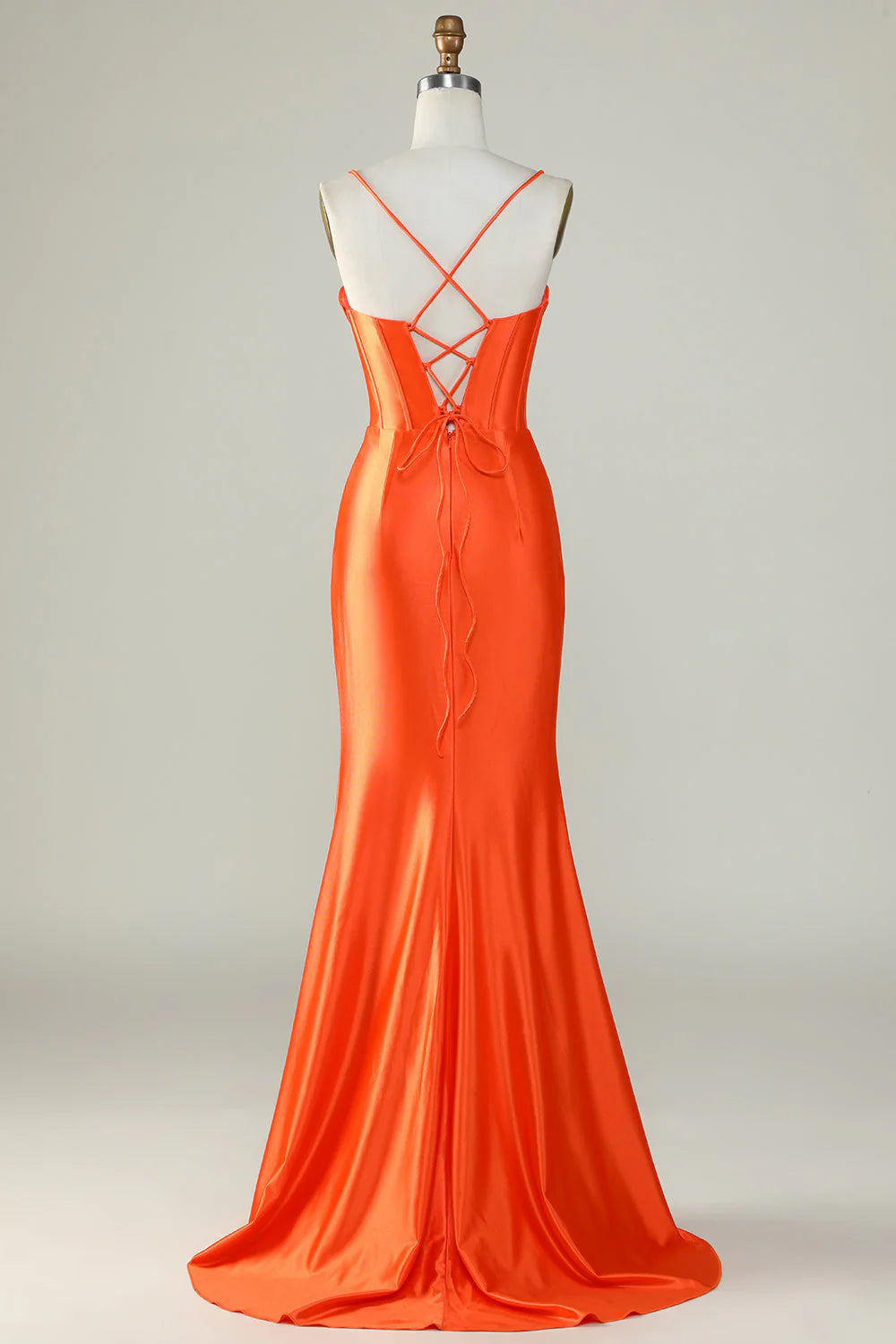 DingJiDress Orange Mermaid Spaghetti Straps Long Corset Prom Dress With Slit
