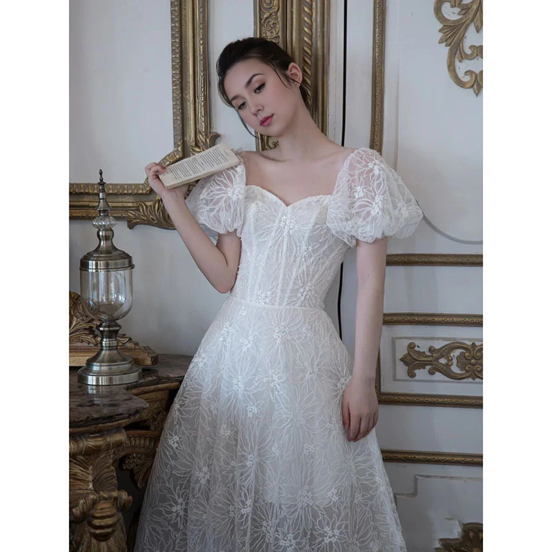DingJiDress Formal Women's Dresses A Line Tulle Heart-Shaped Collar Short Sleeves Elegant Sweet Wedding Dress