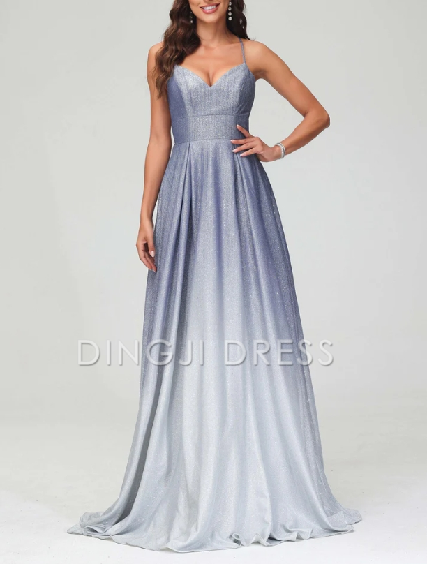 DingJiDress Evening Dress Exquisite Elegant A-Line V Neck Spaghetti Straps Backless Lace Up Dress Sweep Train Glitter Formal Dress