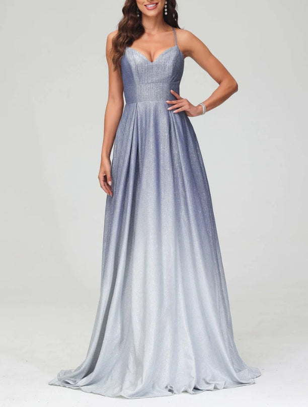 DingJiDress Evening Dress Exquisite Elegant A-Line V Neck Spaghetti Straps Backless Lace Up Dress Sweep Train Glitter Formal Dress