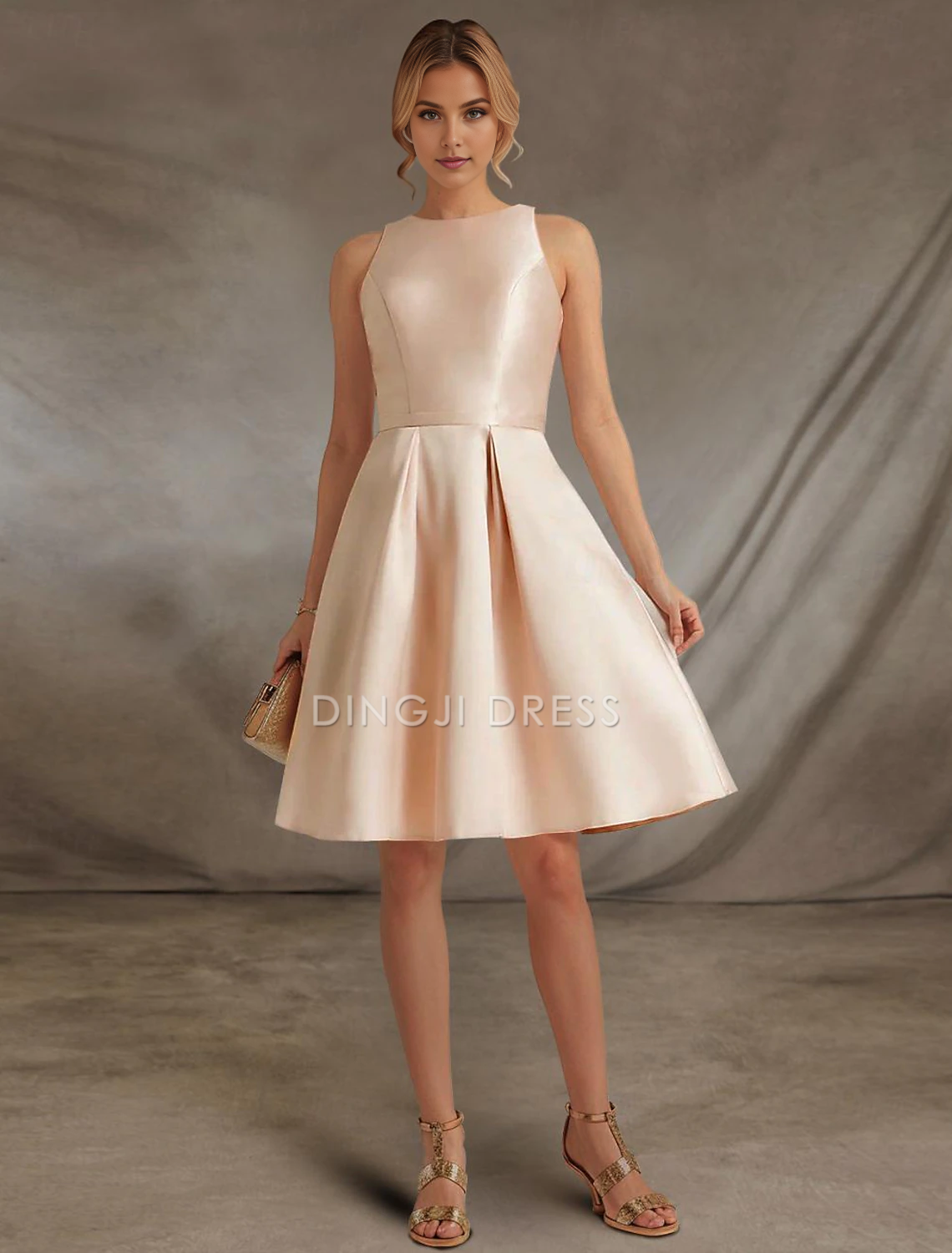 DingJiDress Hot Sale Short Prom Dress Elegant A-Line Sleeveless Jewel Neck Cocktail Dresses Party Dress Wedding Guest Satin with Lace Knee-Length Simple New Homecoming Dress