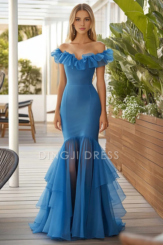 DingJiDress High Quality Dress Elegant Mermaid Off The Shoulder Tiers Ruched Long Fashion Prom Dress