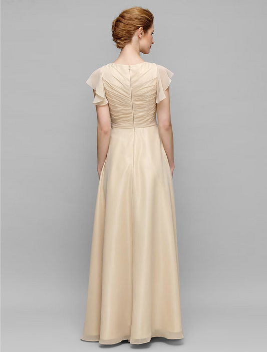 Mother of the Bride Dress Plus Size Elegant V Neck Floor Length Chiffon Sleeveless with Criss Cross Appliques