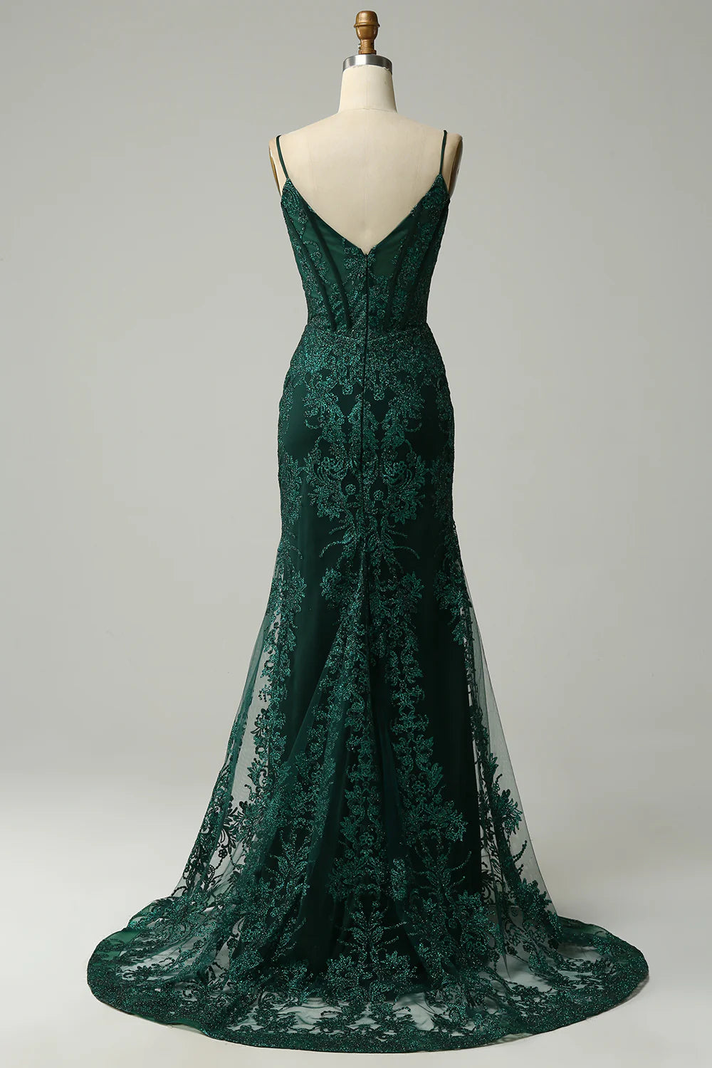 DingJiDress Mermaid Spaghetti Straps Peacock Green Prom Dress with Appliques