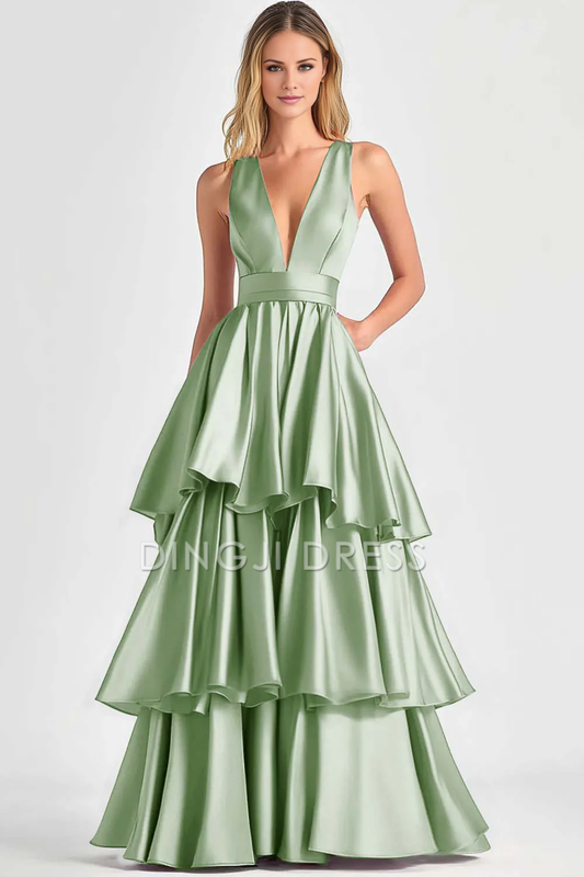 DingJiDress High Quality Dress A-Line Deep V-Neck Sleeveless Ruched Tiered Fashion Long Prom Dress