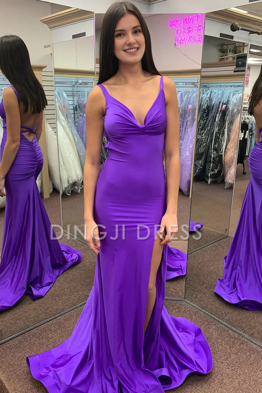 DingJiDress Charming Mermaid V Neck Satin Backless Long with Slit Prom Dress
