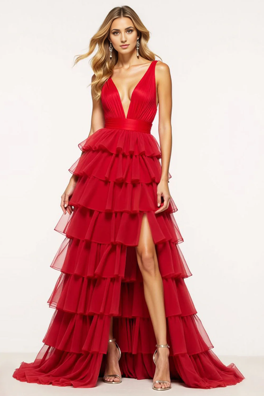 DingJiDress High Quality Dress Exquisite A Line Deep V-Neck Tiered With Ruffles Fashion Long Prom Dress
