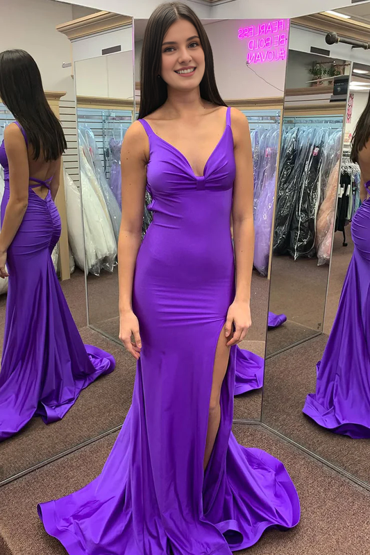 DingJiDress Charming Mermaid V Neck Satin Backless Long with Slit Prom Dress