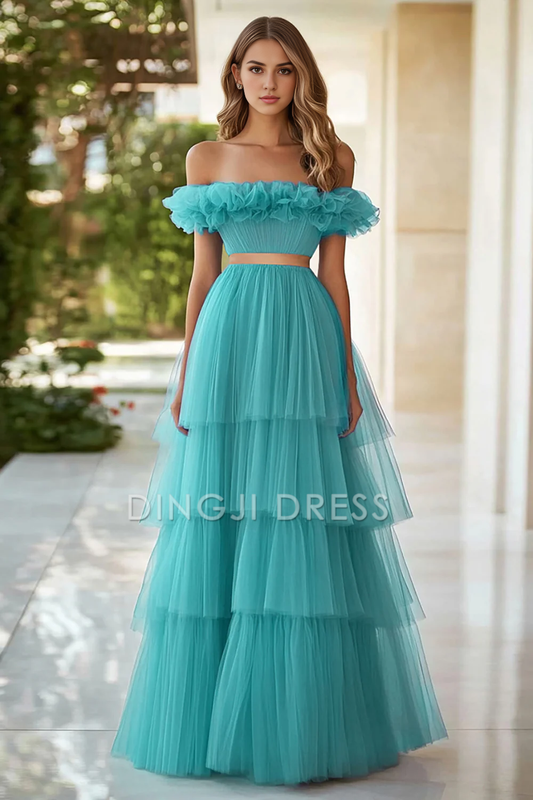 DingJiDress High Quality Dress A Line Off The Shoulder Pleated Tulle Tiers Long Prom Dress