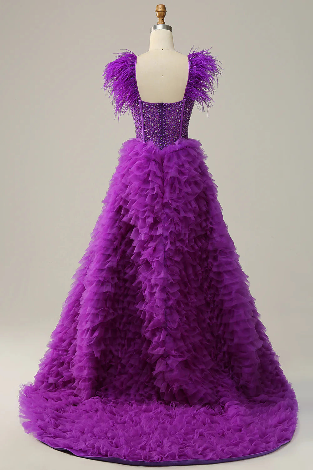 DingJiDress A Line Sweetheart Purple Long Prom Dress with Beading Feathers
