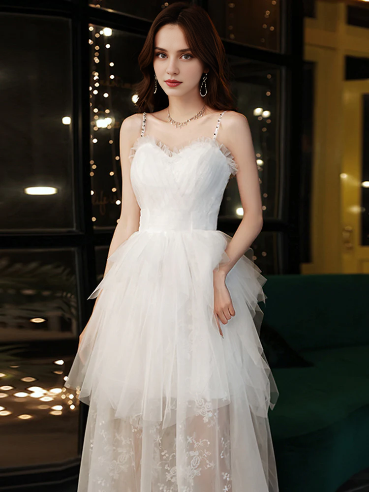 DingJiDress Formal Women's Dresses Spaghetti Strap Tulle Lace Splicing Heart-shaped collar Layered Wedding Dress
