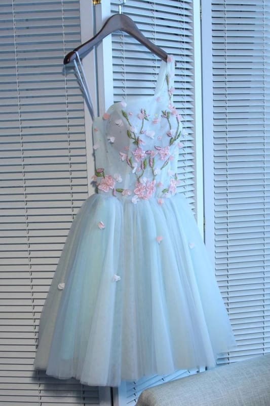 DingJiDress Short Prom Dress A Line One Shoulder Juniors Tulle Cute Graduation Dress With Flower Fashion Homecoming Dress