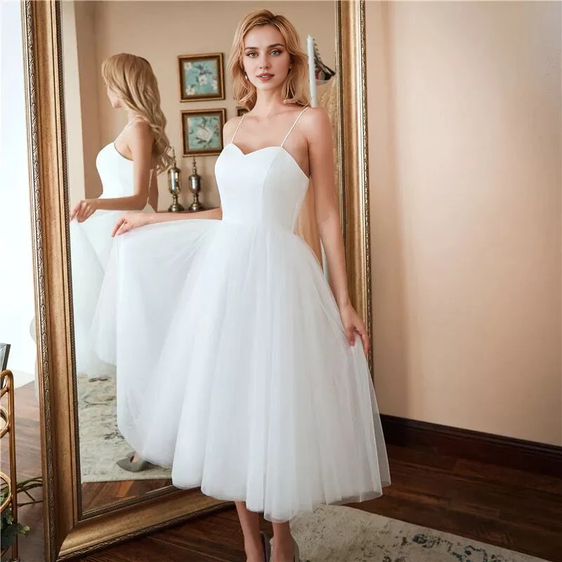 DingJiDress Formal Women's Dresses Spaghetti Straps simple Backless Tulle Wedding Dress