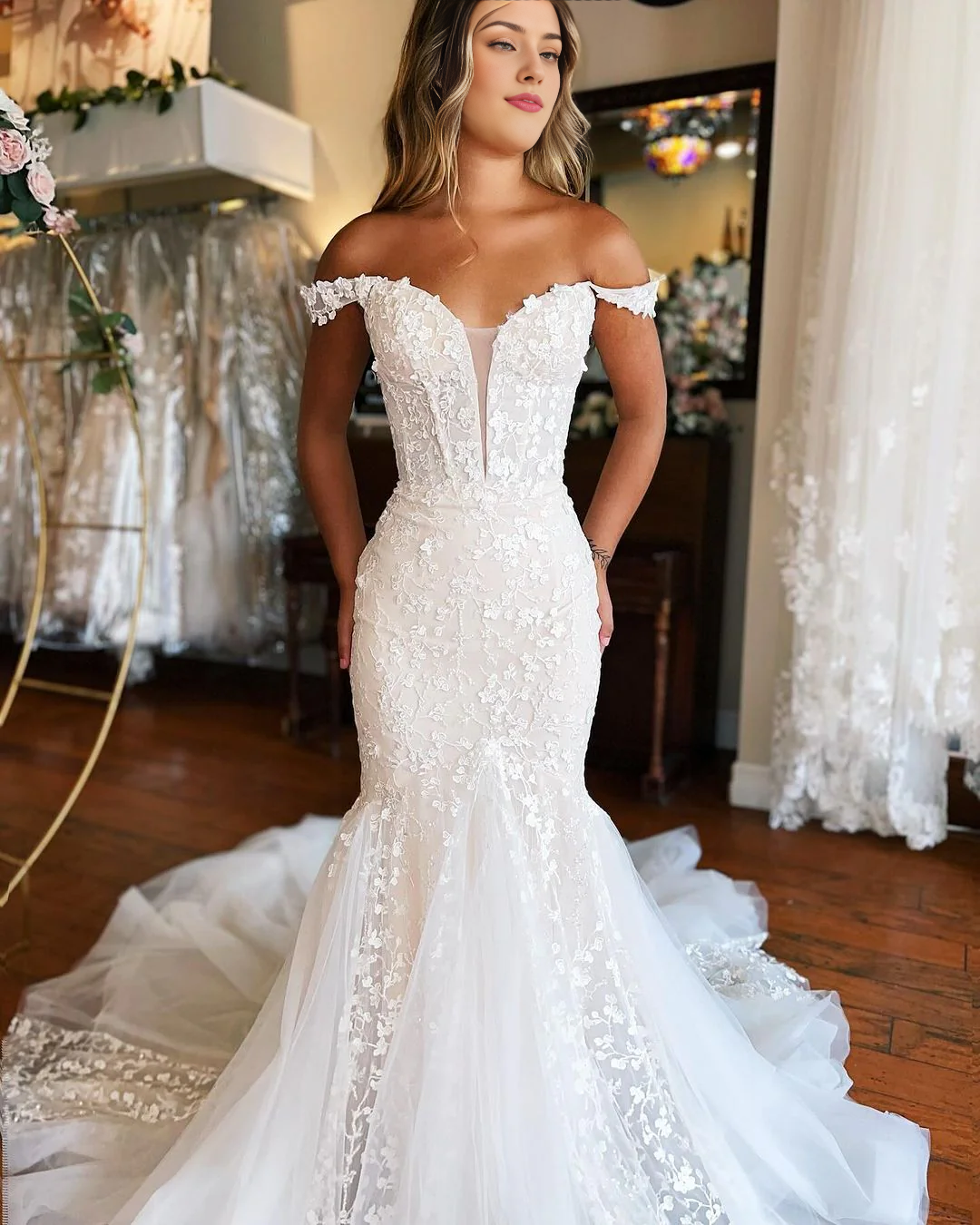 DingJiDress Formal Women's Dresses Off The Shoulder Lace Applique Mermaid Cultivate oneself Long Backless Wedding Dress