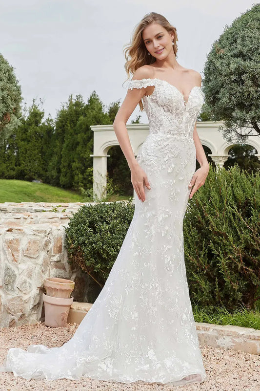 Elegant Mermaid Off Shoulder Sweetheart Neckline Sleeveless Backless Lace Affordable Hot Sale Wedding Dress
