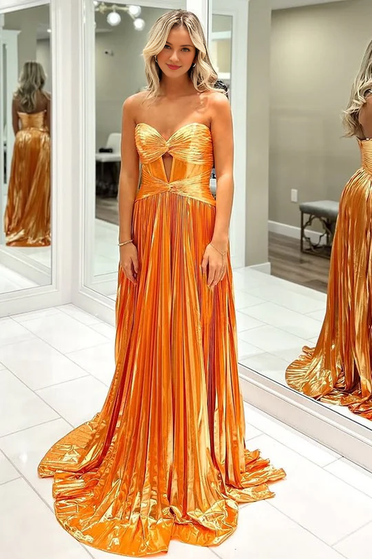 DingJiDress Cute A Line Sweetheart Strapless Pleat Satin Long with Slit Exquisite Prom Dress