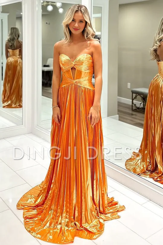 DingJiDress Cute A Line Sweetheart Strapless Pleat Satin Long with Slit Exquisite Prom Dress