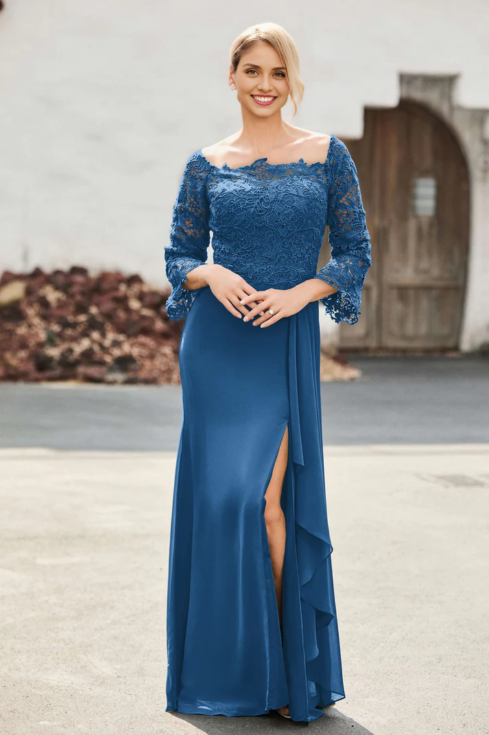 DingJiDress Mother of the Bride Dresses Ruffles Long Sleeves Sheath Dress With Slit Elegant Charming Dresses Wedding Guests Dresses