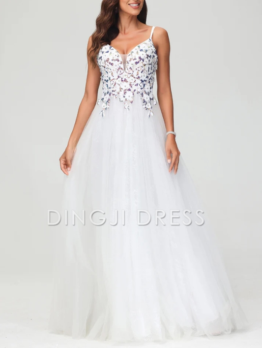 DingJiDress Evening Dress A-Line Deep V-Neck Spaghetti Straps Tulle Floor-Length Dress Elegant Formal Dress