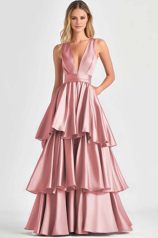 DingJiDress High Quality Dress A-Line Deep V-Neck Sleeveless Ruched Tiered Fashion Long Prom Dress