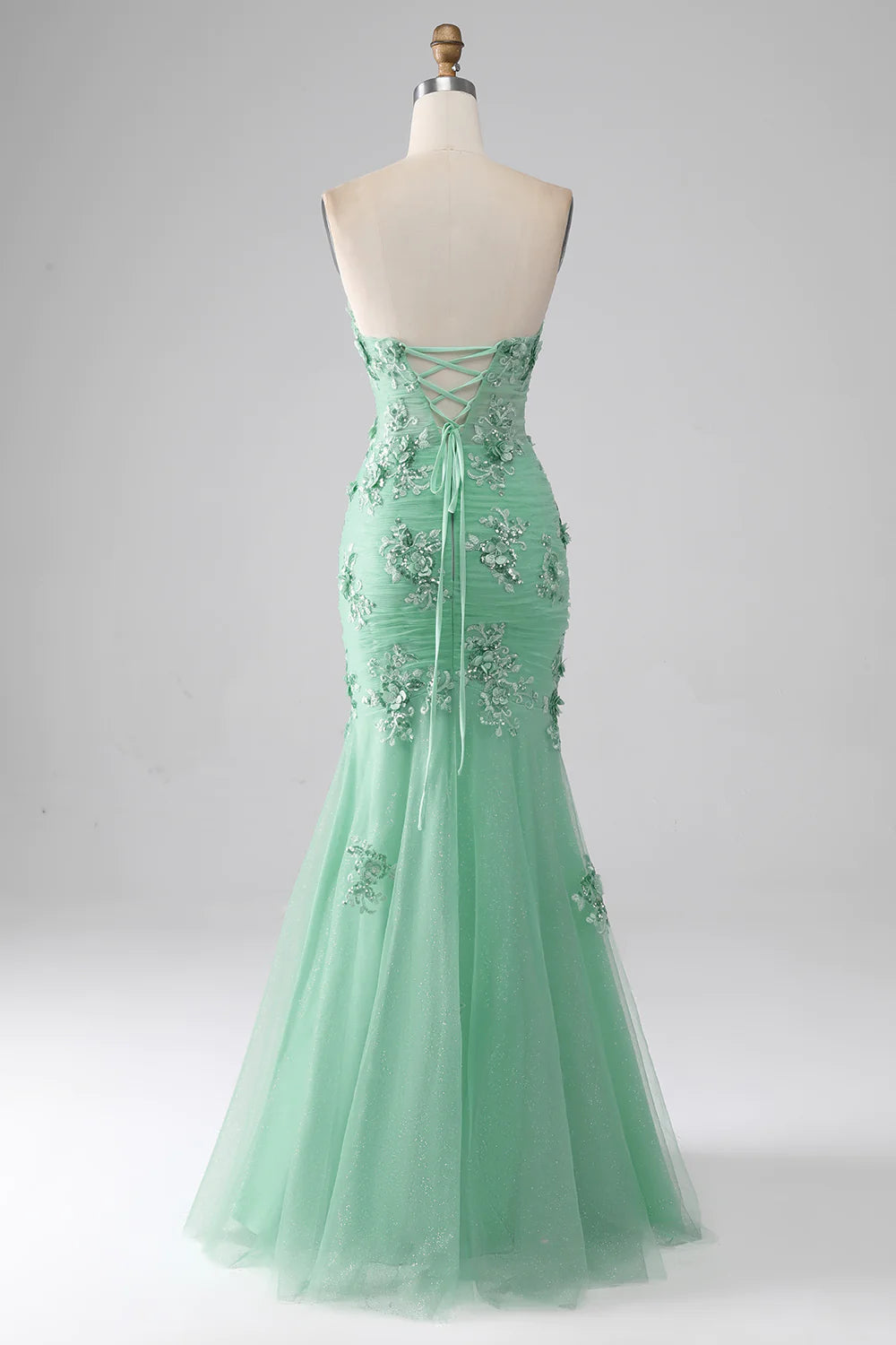 DingJiDress Green Mermaid Strapless Tulle Long Prom Dress with Appliques