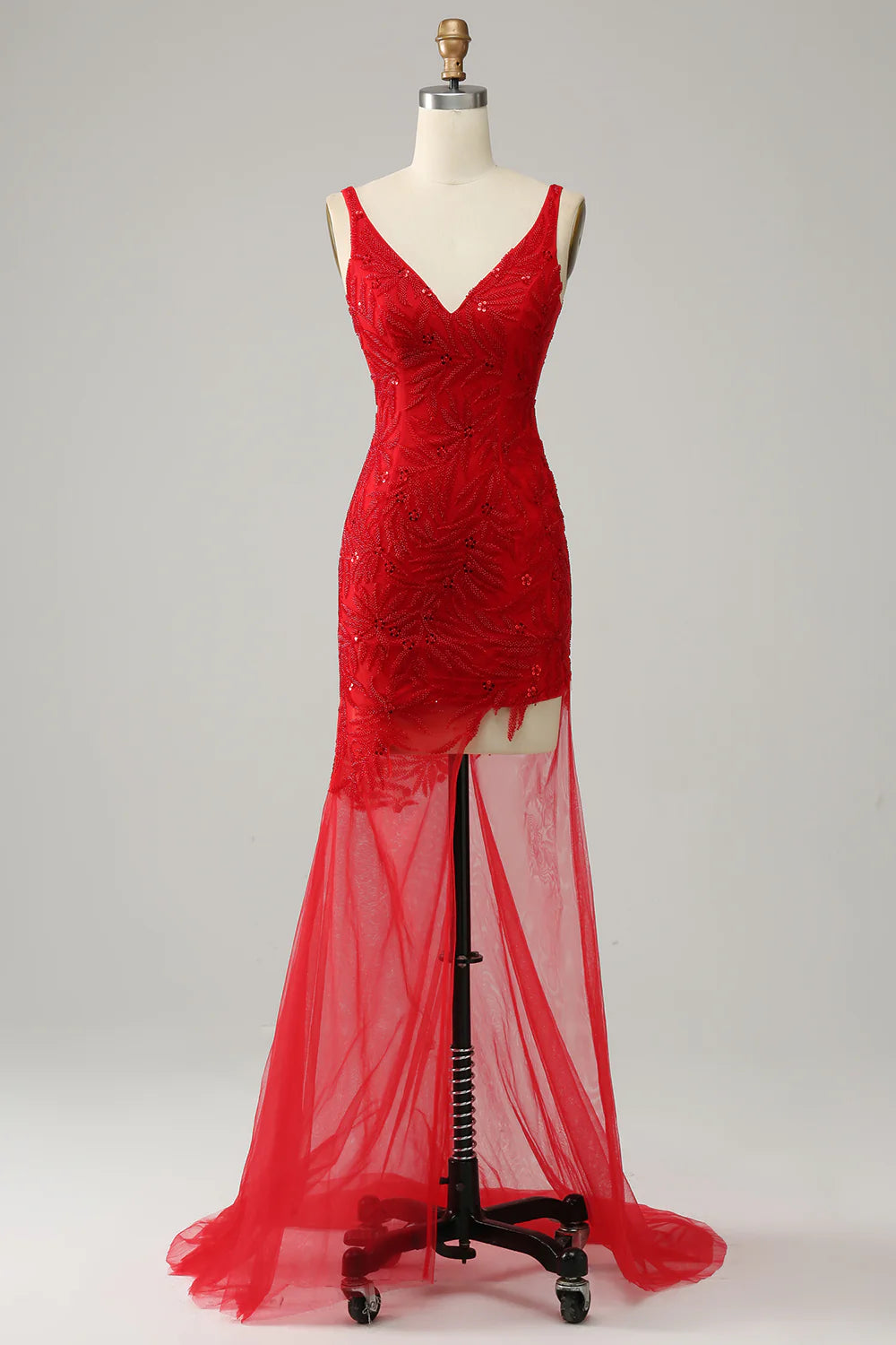 DingJiDress Mermaid V Neck Red Long Prom Dress with Embroidery