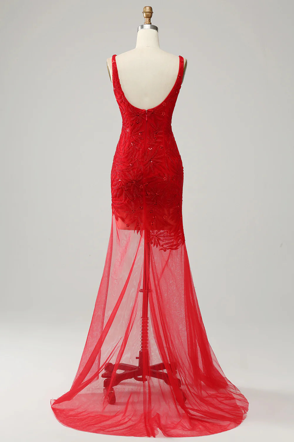 DingJiDress Mermaid V Neck Red Long Prom Dress with Embroidery