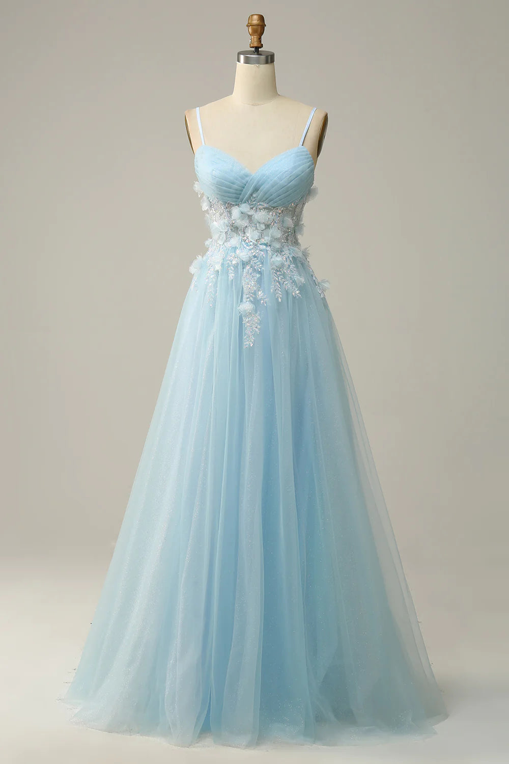 DingJiDress A Line Spaghetti Straps Sky Blue Prom Dress with Appliques